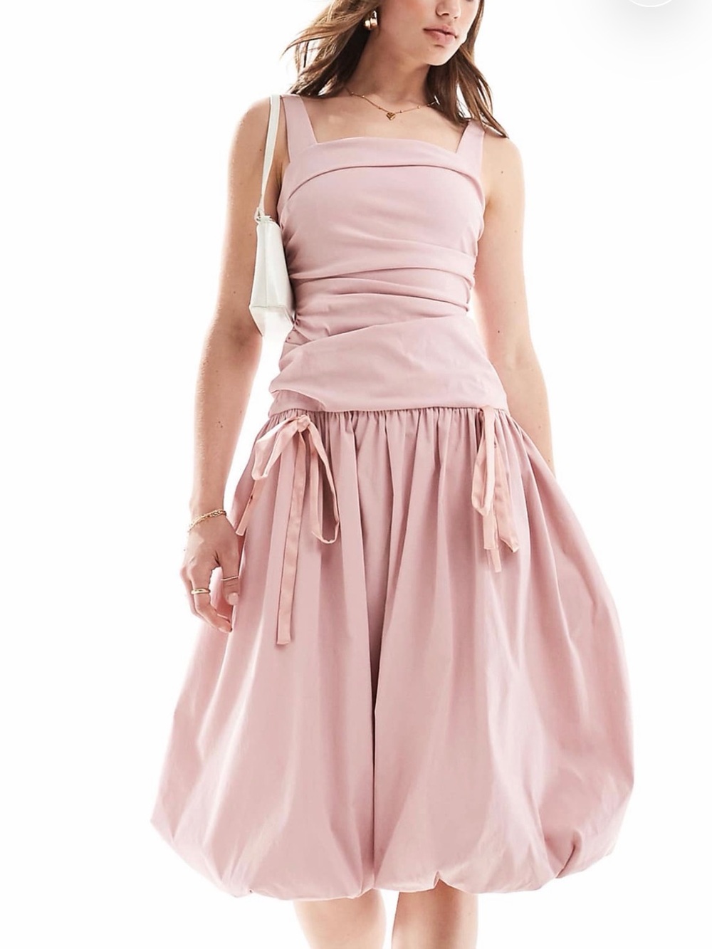 ASOS Dusty Pink Bubble Midi Dress with Tie Details